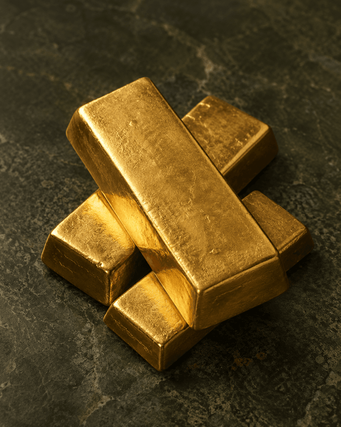 Illustrative gold bars on a dark olive surface