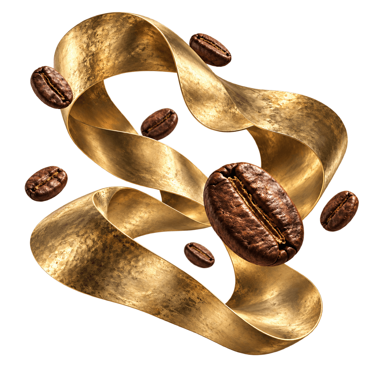 Sculptural gold ribbon surrounded by floating coffee beans, illustrative brand artwork